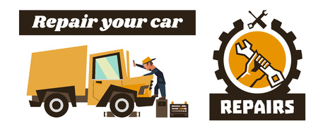 Horizontal banner template on car repairs. Repair logo, hand holding a wrench. Technician reconditioning orange truck. Vector illustration. Flat styleのイラスト素材