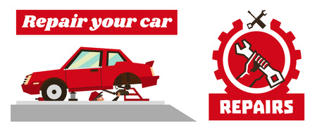 Horizontal banner template on car repairs. Repair logo, hand holding a wrench. Disassembled car red. Auto mechanic removes reducer. Inspection pit. Vector illustration. Flat styleのイラスト素材