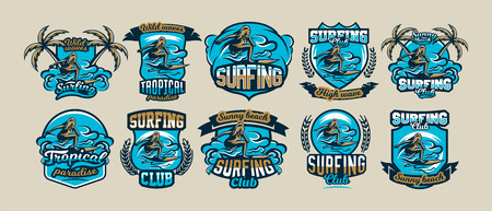 A collection of colorful logos, emblems, stickers, surfer girl is drifting on the waves, stylish lettering, vector illustration.のイラスト素材