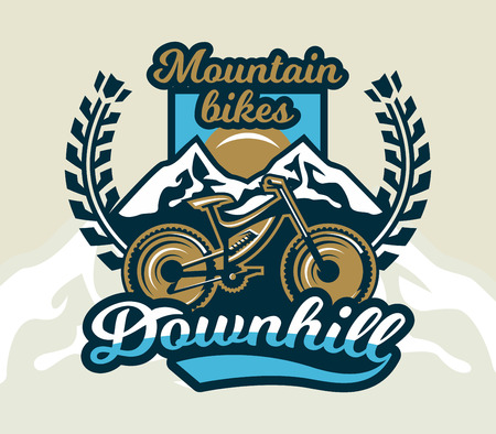 Logo mountain bike. The emblem of the bicycle and the mountains. Extreme sport. Freeride, downhill, cross-country. Badges shield, lettering. Vector illustration.の写真素材