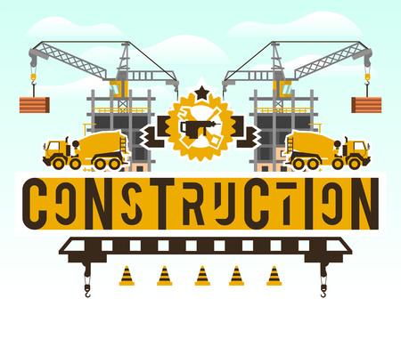 Construction site. Crane lifting concrete slabs. Lettering on the isolated background.のイラスト素材