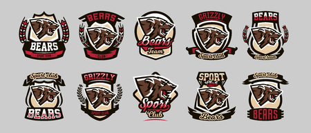 Set of colorful emblems, logos, snarling and ready to attack bear, grizzly, dangerous predator, the dweller forest. Vector illustration, dynamic and sporty style, printing on T-shirts.のイラスト素材
