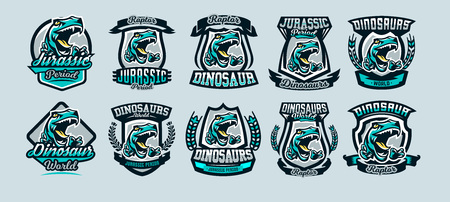Set, a collection of colorful emblems, logos, dangerous raptor ready to attack, the sharp claws of a predator dinosaur Jurassic. Vector illustration, sporty and dynamic style, printing on T-shirts.のイラスト素材