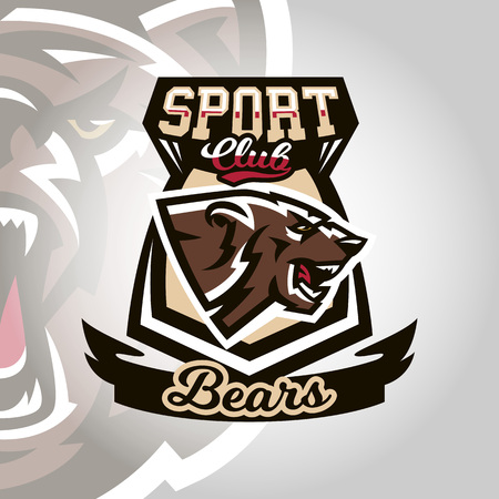 Colourful emblem, logo, snarling and ready to attack bear, grizzly, dangerous predator, the dweller forest. Vector illustration, dynamic and sporty style, printing on T-shirts.のイラスト素材