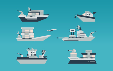 Set of various ships. Navy, armed ships. The destroyer, an aircraft carrier, boat, boats. Transport vessel. Vector illustration.のイラスト素材