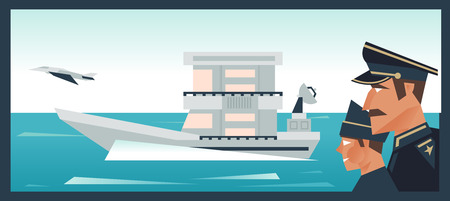 And taking off an aircraft carrier fighter. Admiral and Assistant watching the sea. We are ready to defend their country. Sea Fleet. Vector illustrationのイラスト素材