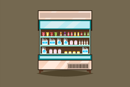Showcase, refrigerator dairy products. Milk, yogurt, fresh and natural products. Supermarket Interior. Cold, frost, glass. Shelves with goods. Flat styleのイラスト素材