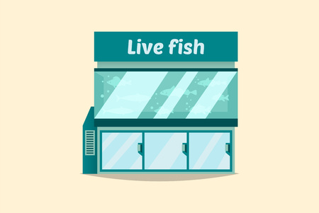 Showcase, an aquarium with live fish. Glass water. Fresh product. The interior of the store. Vector illustration.のイラスト素材