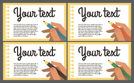 Hand writing with a pencil record. Notebook Sheet, Diary, paper, note. The writer, a student. Pencils of different colors. Template for text. Flat colorful design. Vector illustrationのイラスト素材