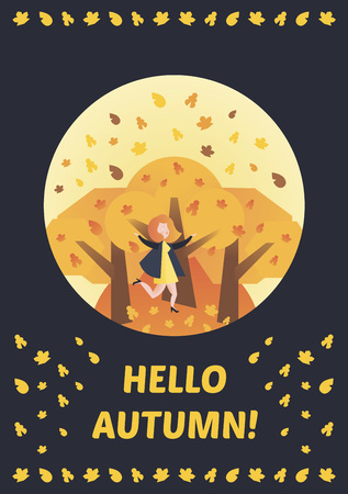 Hello, Autumn Vector illustration colorful story. Fall of the leaves. Girl walking in the park, around the trees. For the diary, postcards, calendars, typographical printing.のイラスト素材