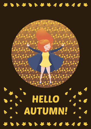 Hello, Autumn Vector illustration colorful story. Fall of the leaves. Woman lying in the leaves, coats. For the diary, postcards, calendars, typographical printing.のイラスト素材