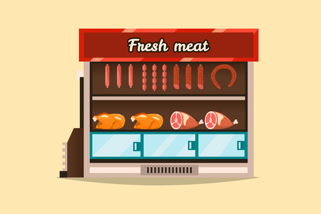 Showcase, refrigerator meat products. The stand, shelf, countertop sausages. Sale of products. Interior supermarket, shop. Freeze, cold glass. Fresh goods. Flat styleのイラスト素材