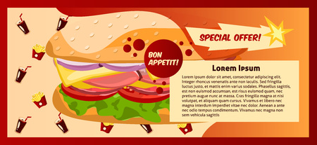 Banner fast food. Choose the menu. Information about the institution, restaurant, cafe. Advertising, flyer for distribution. Appetizing food.のイラスト素材