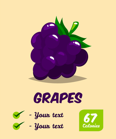 Grapes. Calories and useful properties. Natural fruit. Poster Print on healthy eating. Vector illustration. Flat style.のイラスト素材