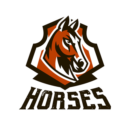 Colorful logo, sticker, horse emblem. Beautiful stallion, horse racing, fast animal, mascot of the sports club.Shield, lettering, vector illustrationのイラスト素材