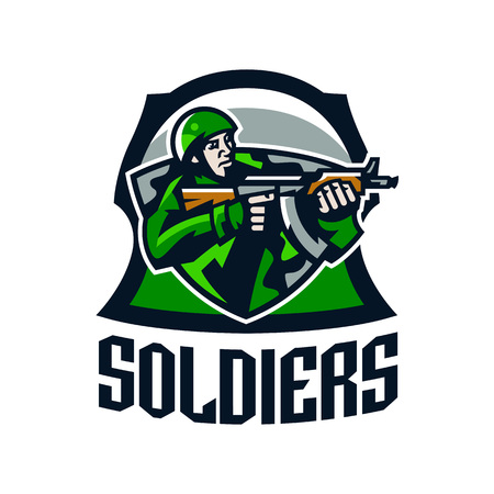 Colorful logo, badge, emblem of a soldier shooting from a submachine gun. Soldier in uniform, helmet, machine gun, military, weapon, camouflage, mascot, shield. Sports identity, vector illustrationのイラスト素材