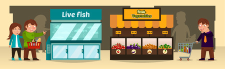 Supermarket fish and vegetable stalls with shoppersのイラスト素材
