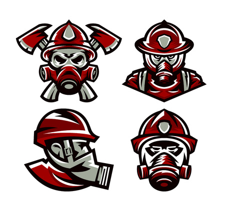 Set of colorful fireman with gas mask illustrationのイラスト素材