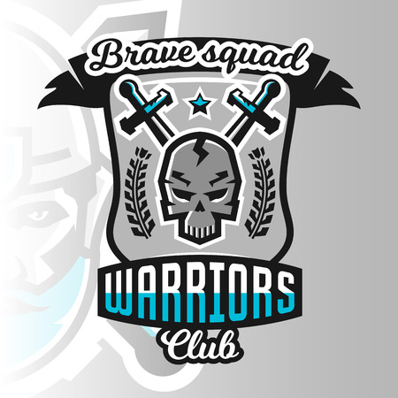 Colorful logo, emblem, skull warrior on the background of two crossed swords. Vector illustration, printing on T-shirts.のイラスト素材