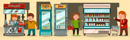 Vector illustration, buyers make a purchase at the supermarket. The cashier, supermarket shelf products, showcases, refrigerators, baskets, trolley. The interior of the store. Flat styleのイラスト素材