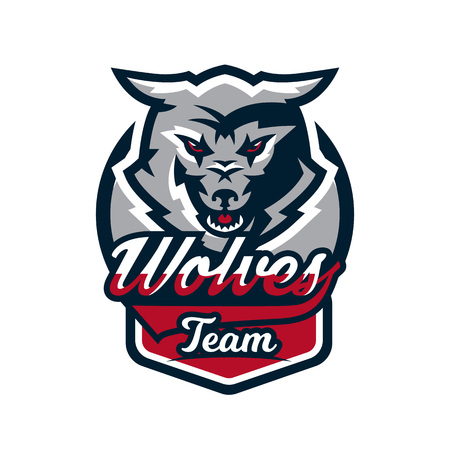 Emblem, logo, sticker, aggressive wolf ready to attack, predator. Vector illustrationのイラスト素材