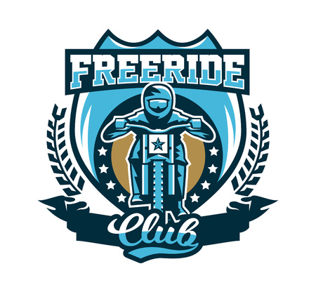 Icon, emblem of the rider riding a mountain bike. Downhill, free ride, extreme sport. Vector illustration.のイラスト素材