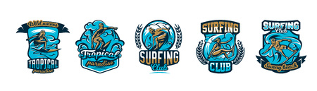 A collection of icon, surfing emblems. People are drifting on the board on the waves, extreme sports.のイラスト素材