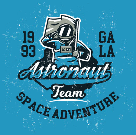 Design for printing on a t-shirt, an astronaut saluting and holding a flag. Space, galaxy, universe, cosmonauts ammunition. Vector illustration, grunge effect.のイラスト素材