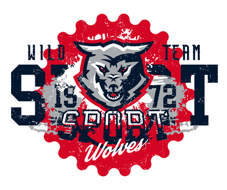 Design for printing on t-shirts, aggressive wolf ready to attack. Predator of the forest, dangerous beast, wild animal, mascot, sports identity, lettering. Vector illustration, grunge effect.のイラスト素材