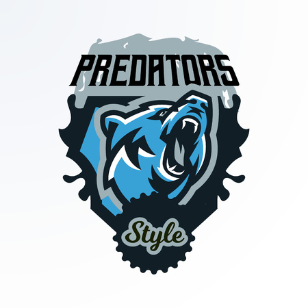 Colorful emblem, badge, log of a growling bear. Dangerous predator, an animal of the forest, printing on T-shirts. Shield, lettering, vector illustrationのイラスト素材