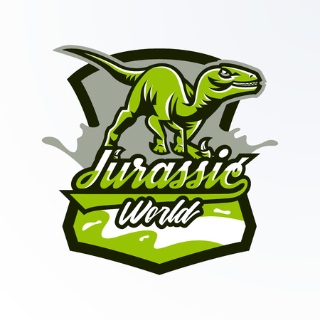 Emblem, badge, sticker, dinosaur logo on the hunt. Predator Jurassic, a dangerous beast, an extinct animal, a mascot. Lettering, shield, print. Vector illustrationのイラスト素材