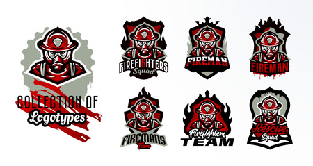 A set of colorful emblems, stickers, badges, logos of a firefighter in a gas mask. Rescue unit, protective equipment, uniform, fire, service, shield, lettering. Vector illustration, stamp on t-shirtsのイラスト素材