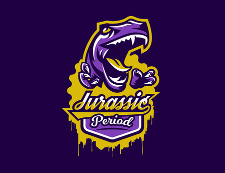Logo, sticker, dinosaur and its sharp teeth. Dangerous beast, predator of the Jurassic period, extinct animal, mascot, jaw and claws. Lettering, shield, print. Vector illustrationのイラスト素材
