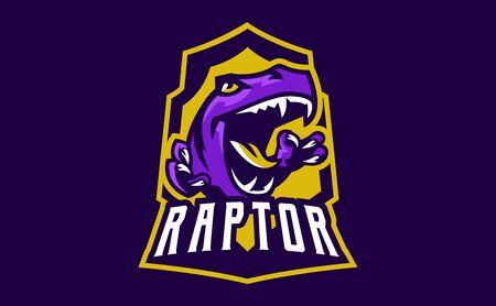 The emblem of an aggressive dinosaur, sharp teeth. Sports logo dino. Extinct predatory, Jurassic period. Vector illustrationのイラスト素材