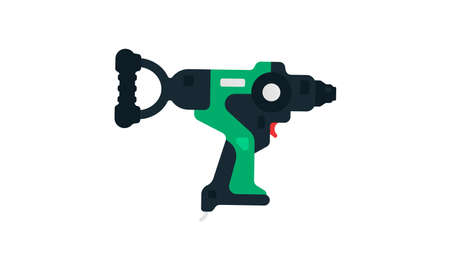 Electric drill side view. Power tool for construction and finishing works. Home renovation, carpentry tools. Vector illustration isolated on white background.のイラスト素材