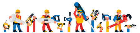 Workers and construction tools. Hands holding a power tool. Screwdriver, jigsaw, saw, dryer, gas...