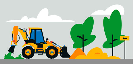Construction machinery works at the site. Construction machinery, tractor, excavator, loader on the background of a landscape of trees, sand. Vector illustration on backgroundのイラスト素材