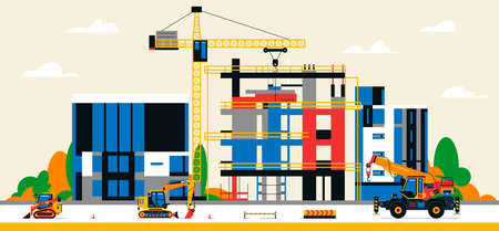 Construction site in the city between city buildings. Building under construction and service equipment. Heavy machinery, commercial vehicles, crane, houses, buildings. Vector illustration.のイラスト素材