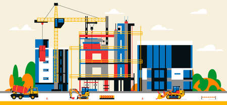 Construction site in the city between city buildings. Building under construction and service equipment. Heavy machinery, commercial vehicles, crane, houses, buildings. Vector illustration.のイラスト素材