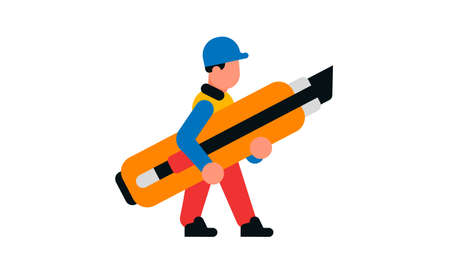 Male builder walking with a cutter. Worker and stationery tool. Vector illustration isolated on white backgroundのイラスト素材