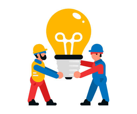 Workers carrying a large light bulb. Builders and a light bulb. Light, idea, inspiration, creativity. Isolated vector illustration on white backgroundのイラスト素材