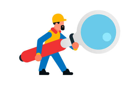 Worker holding a large magnifying glass. Builder with a magnifying glass. Search, research, study, increase, spy. Isolated vector illustration on white background.のイラスト素材