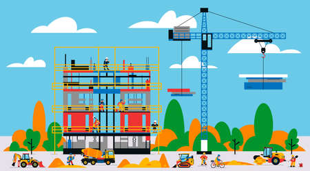 The building is under construction. The process of work of builders at a construction site....