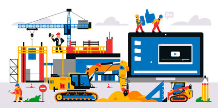 The website is under construction. Service page warning that will be coming soon. Construction site with machinery, builders, tools, unfinished house. Isolated vector illustration on background.のイラスト素材
