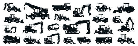 Big black-white set of construction equipment. Collection of commercial equipment for construction work. Excavator, bulldozer, tractor, loader, concrete mixer, asphalt paver. Vector illustration.のイラスト素材