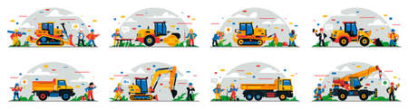 A set of construction equipment and workers on the site. Colorful background of geometric shapes and clouds. Construction site, builders, special equipment, service personnel. Vector illustration.のイラスト素材