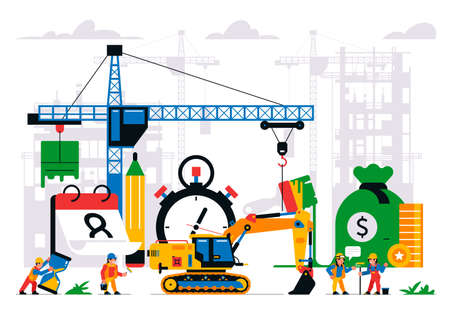 The website is under construction. Error page, maintenance. Construction site, machinery, crane, workers, calendar, paintbrush, timer, stopwatch money hourglass tools Isolated vector illustrationのイラスト素材