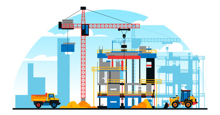 A building under construction against the background of a city under construction. A site with heavy commercial vehicles. Crane, sand. Vector illustration.のイラスト素材