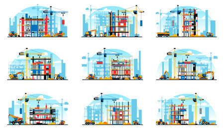 A set of buildings under construction on the background of a city under construction. A site with heavy commercial equipment. Crane, bulldozer, excavator, tractor, concrete mixer. Vector illustration.のイラスト素材