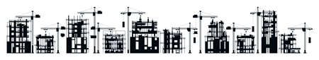 Collection of buildings under construction. Set of black and white construction sites. Unfinished buildings, crane, houses, city, skyscrapers. Vector illustration isolated on white backgroundのイラスト素材